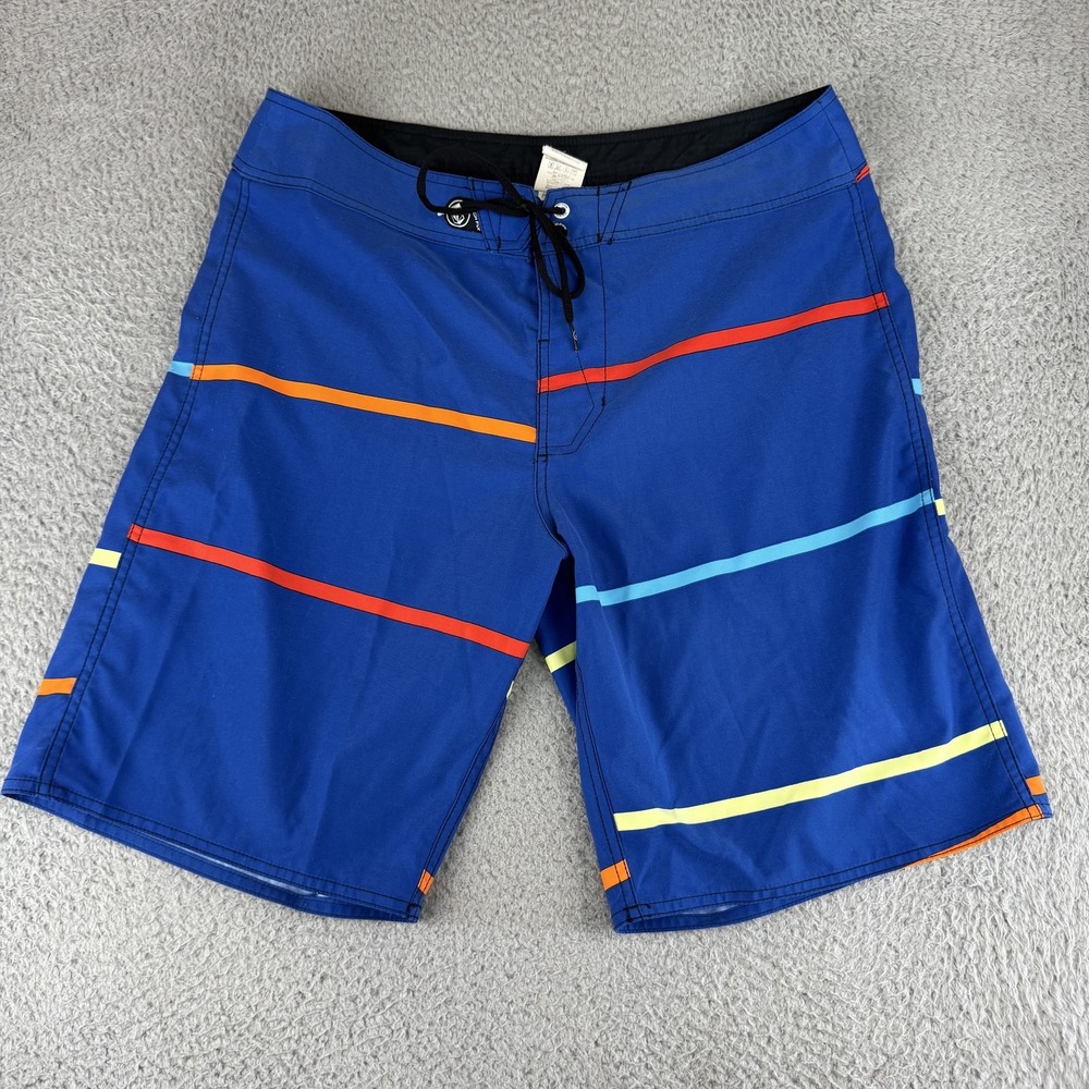 Volcom Board Shorts Mens 34 Blue Striped‎ Swim Trunks Beach Surf Cinch Fly